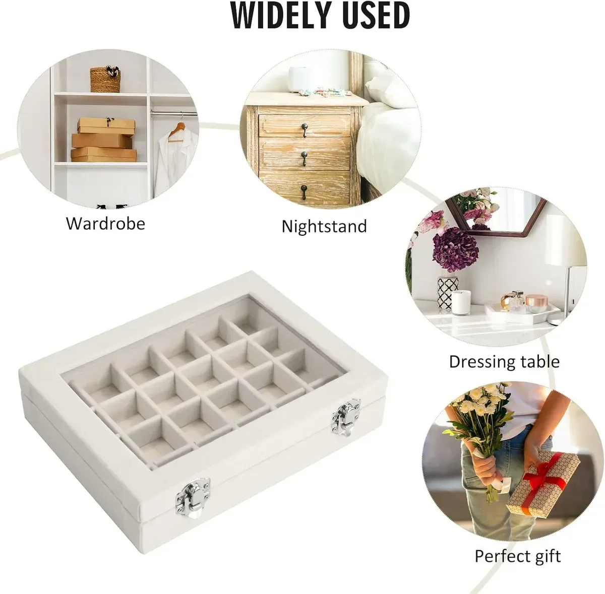 rings, earrings and charms stored in the velvet jewelry box
