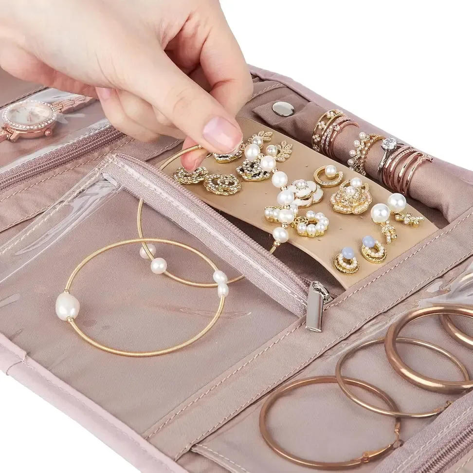 clear zipped pocket of the jewelry roll organizer