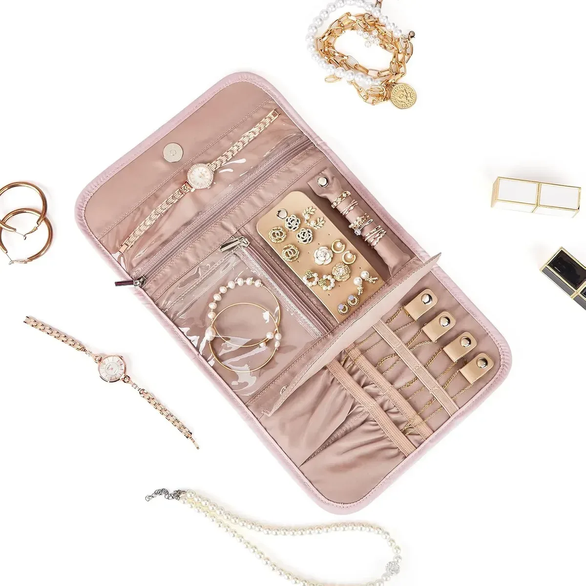 necklaces and bracelets packed in the travel jewelry roll