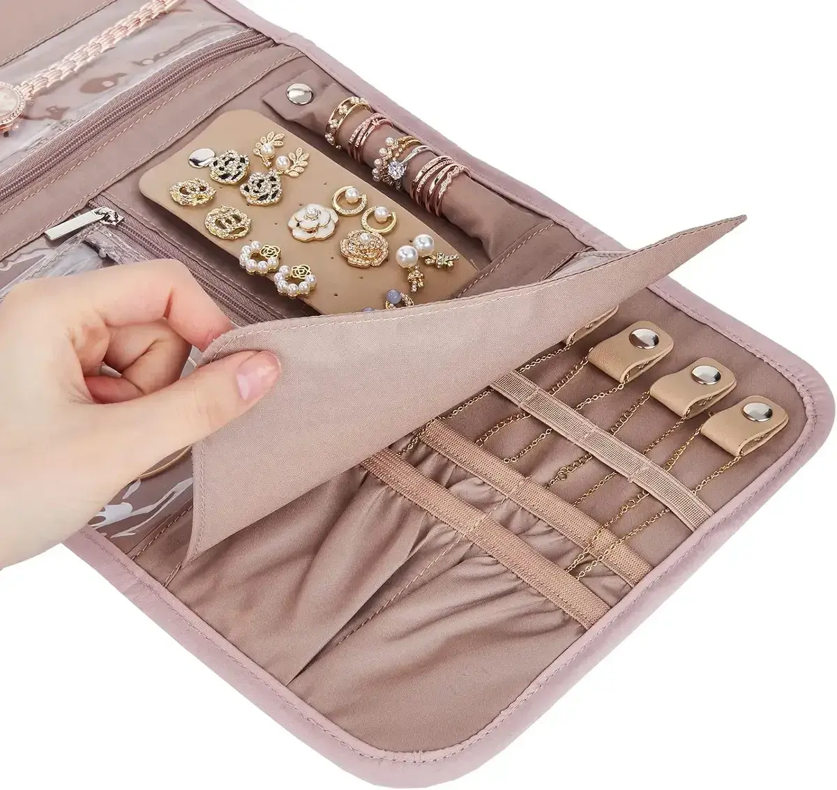 ring bar and pockets inside the jewelry roll organizer