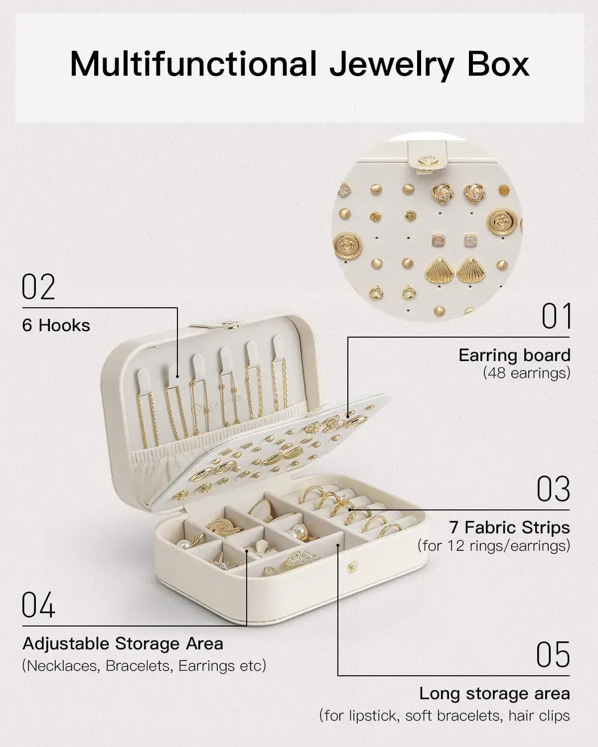 compartments for rings, earrings and necklaces in the travel jewelry case