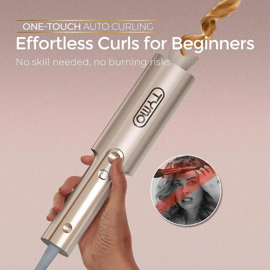 one-touch automatic rotating curling iron held in hand