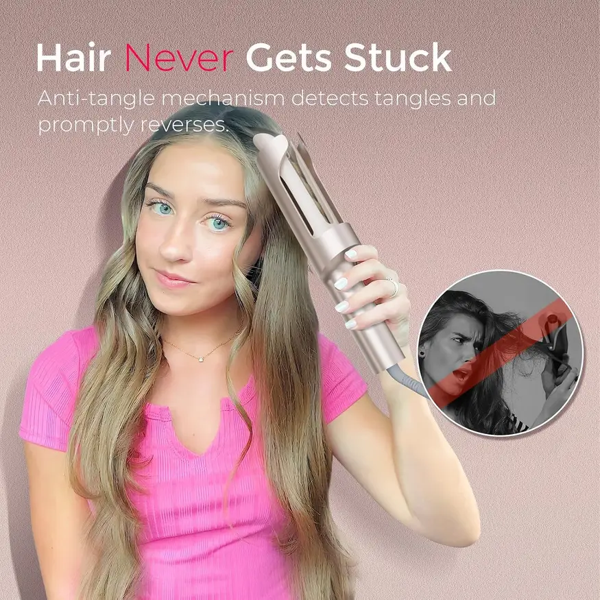 woman using the rotating curling iron on long hair without tangling