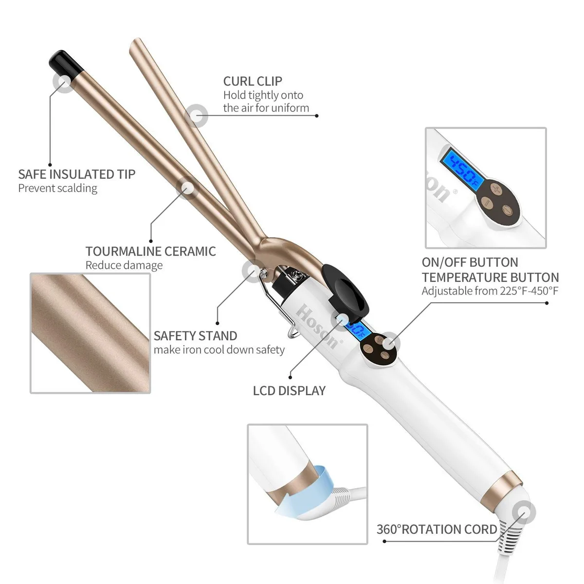controls and safety details of the 1/2 inch curling iron