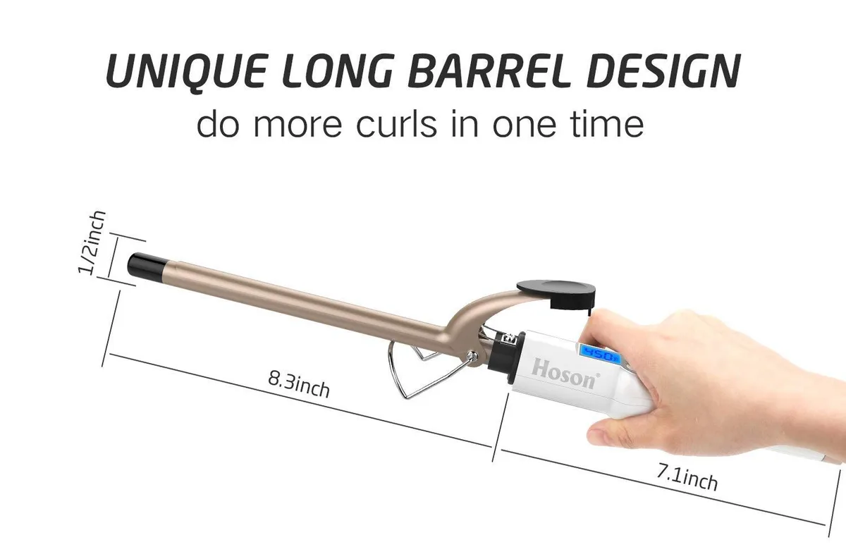 1/2 inch curling iron dimensions: 8.3 inch barrel and 7.1 inch handle