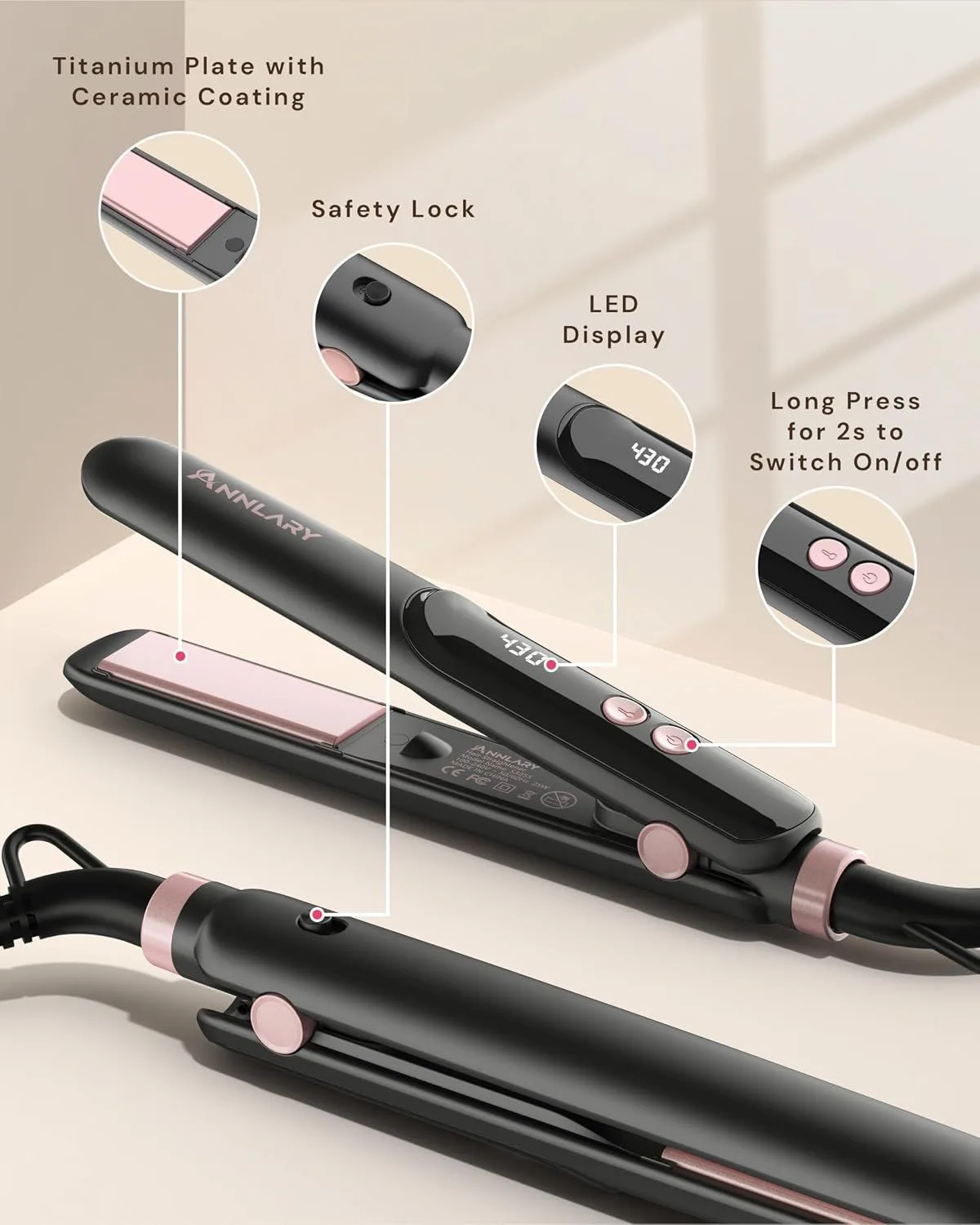 mini hair straightener safety lock, LED display and power button