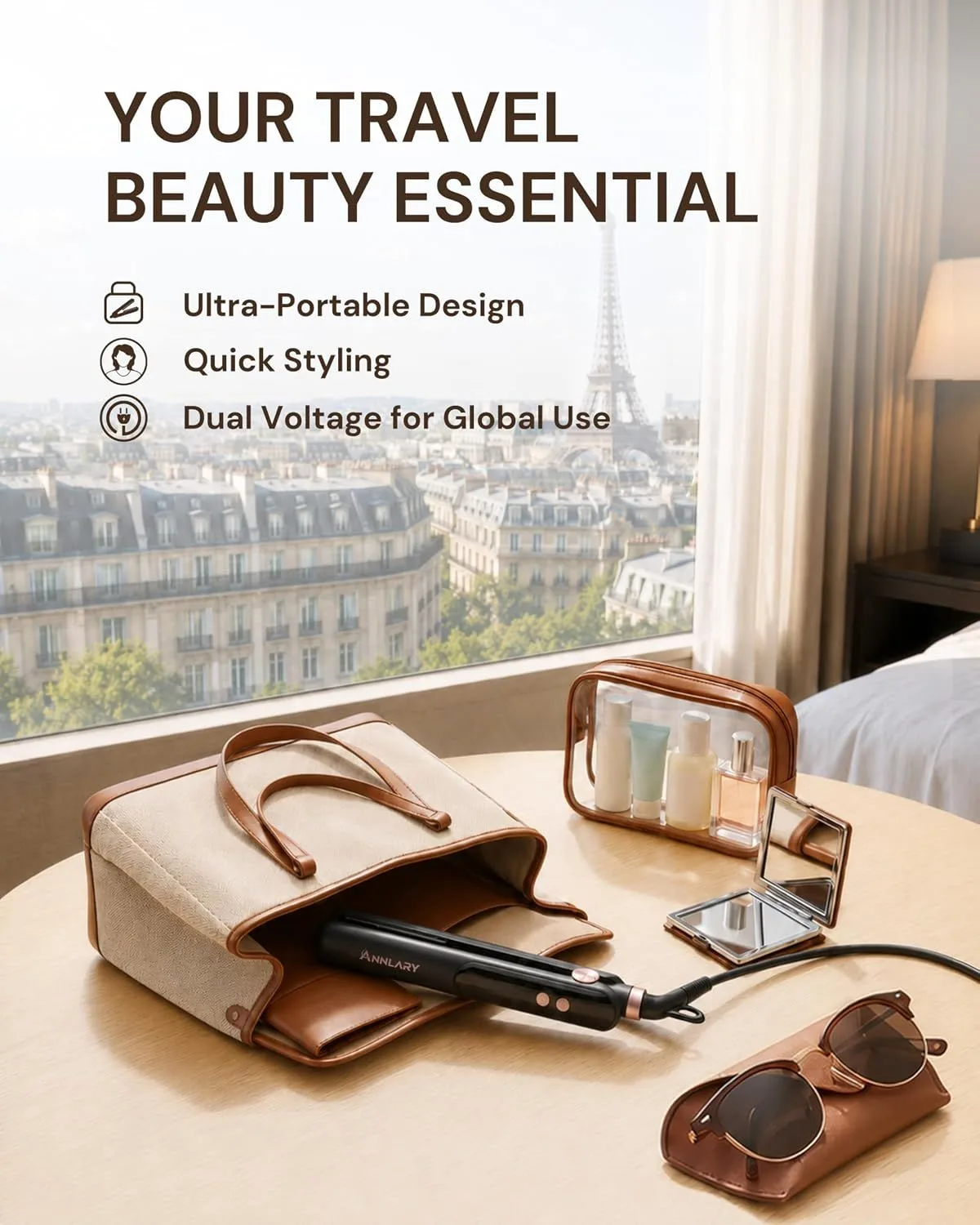 mini hair straightener packed in a travel bag