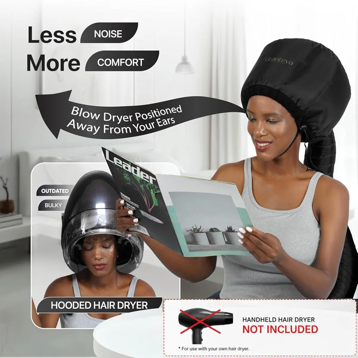 woman reading while using a hooded hair dryer attachment