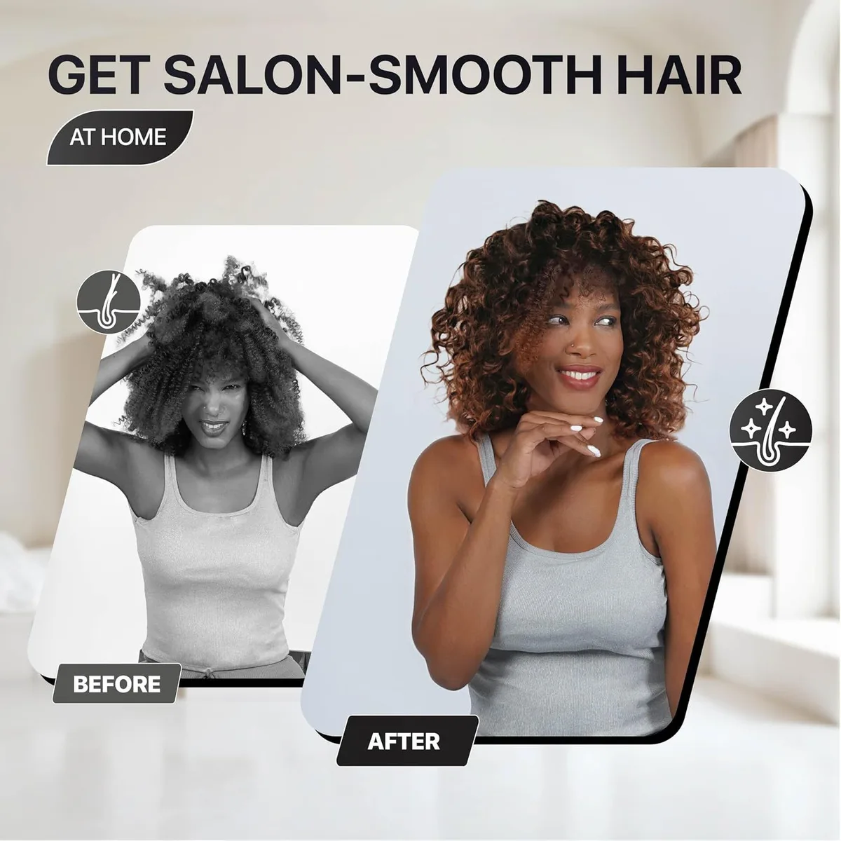curly hair before and after drying with a hooded hair dryer attachment