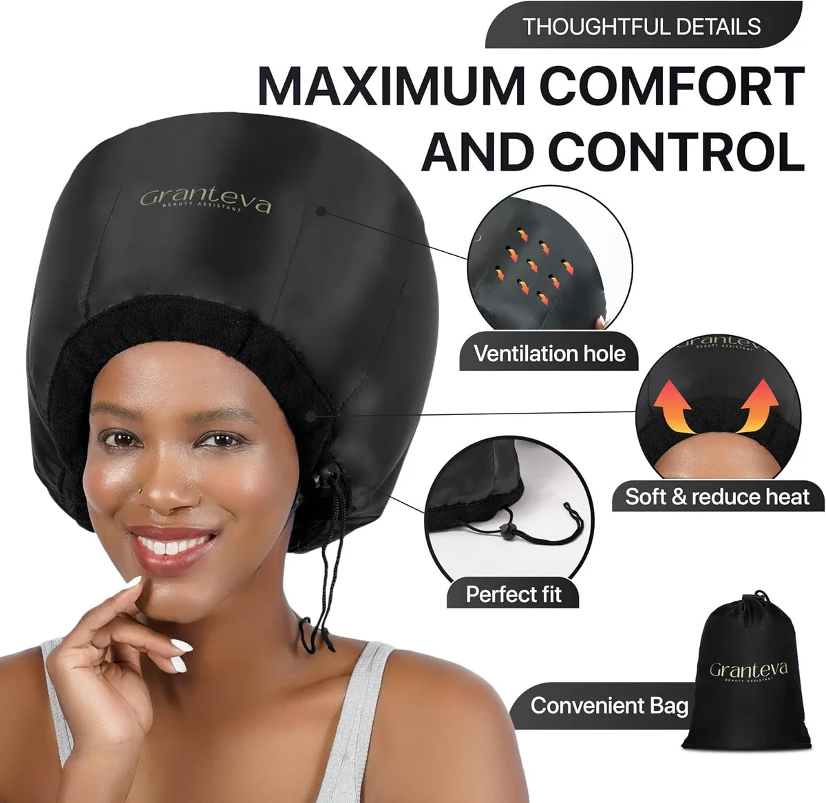 hooded hair dryer attachment details: ventilation holes, headband and drawstring
