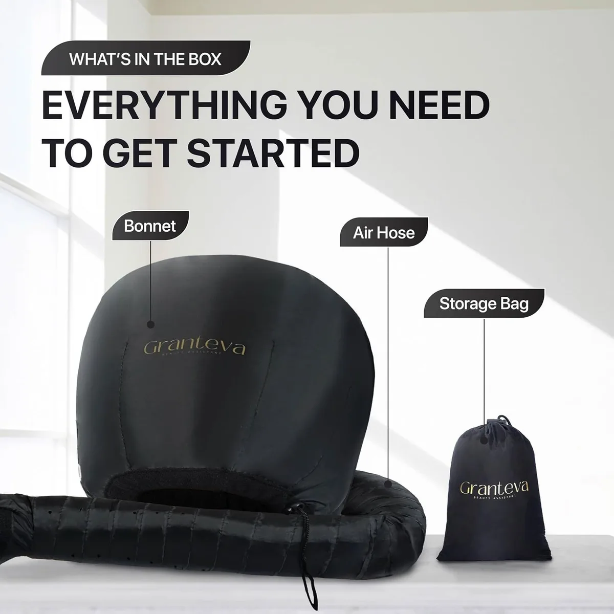 hooded hair dryer attachment bonnet, air hose and storage bag