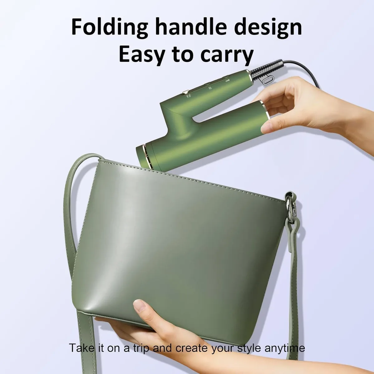 foldable ionic hair dryer being packed into a handbag