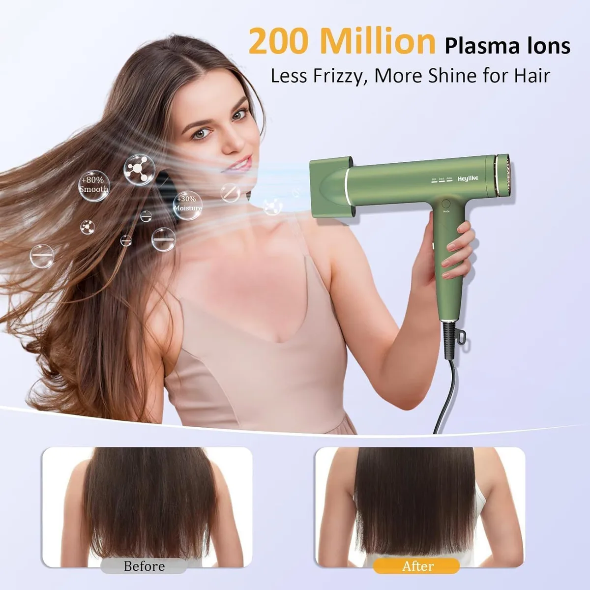 woman drying her hair with the ionic hair dryer, before and after frizz
