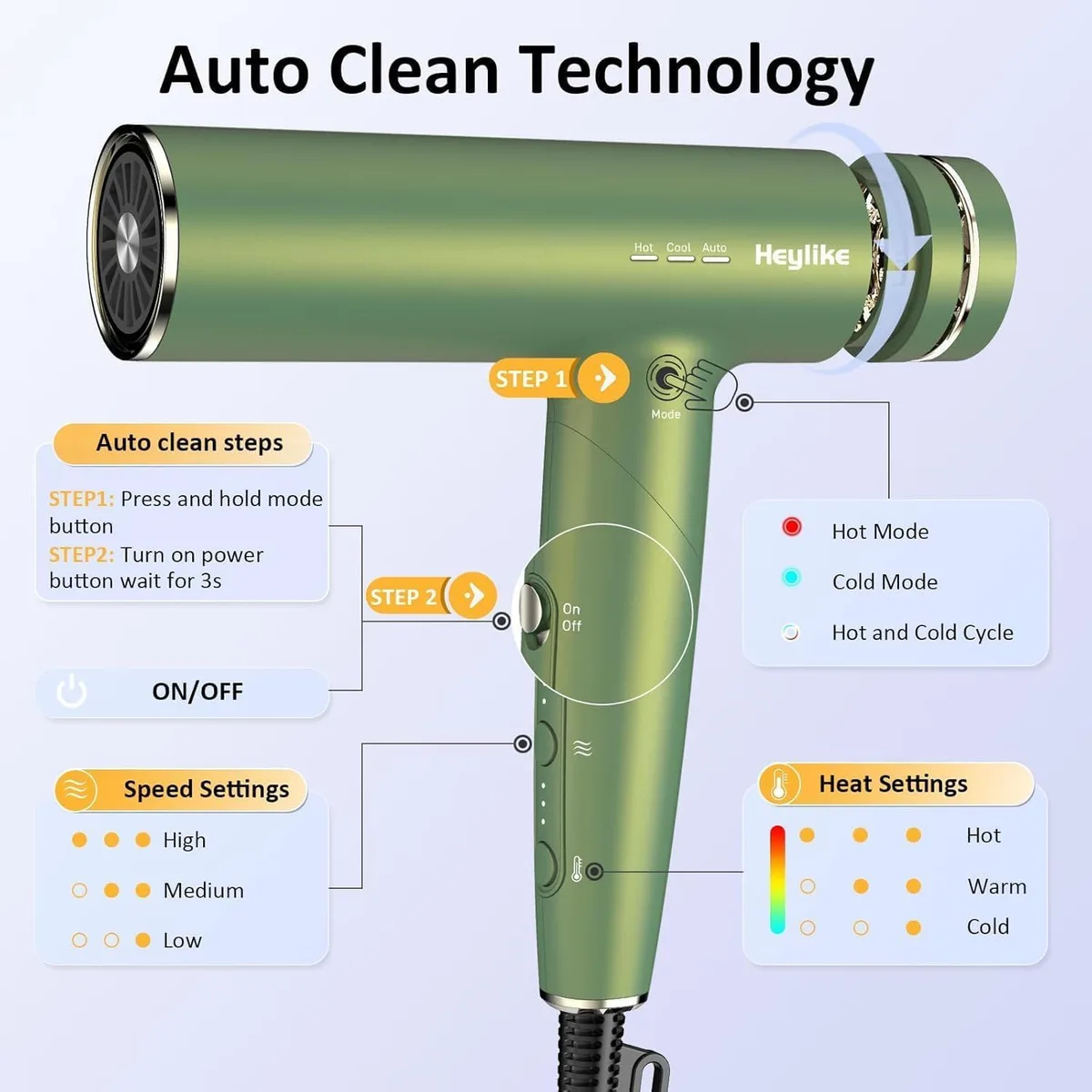ionic hair dryer heat, speed and mode buttons with auto clean steps