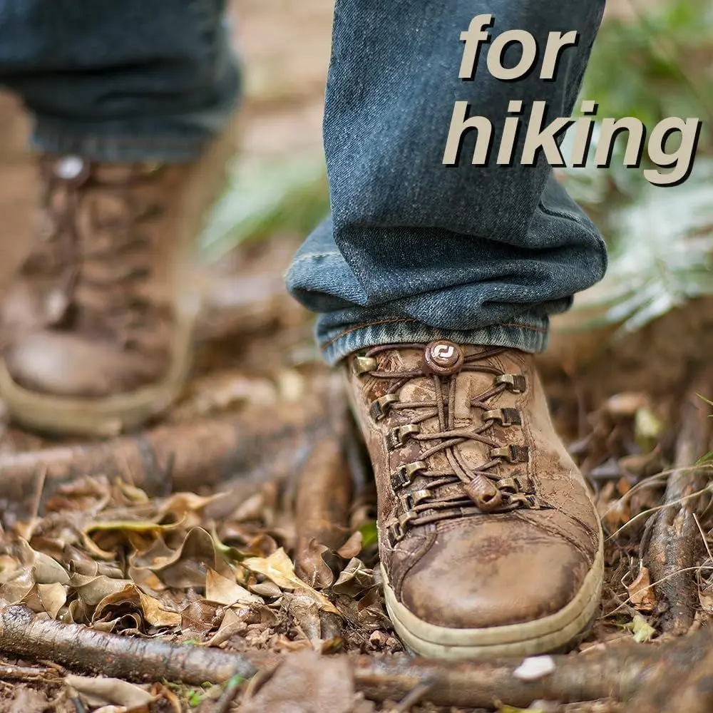 elastic no-tie shoelaces on hiking boots on a trail