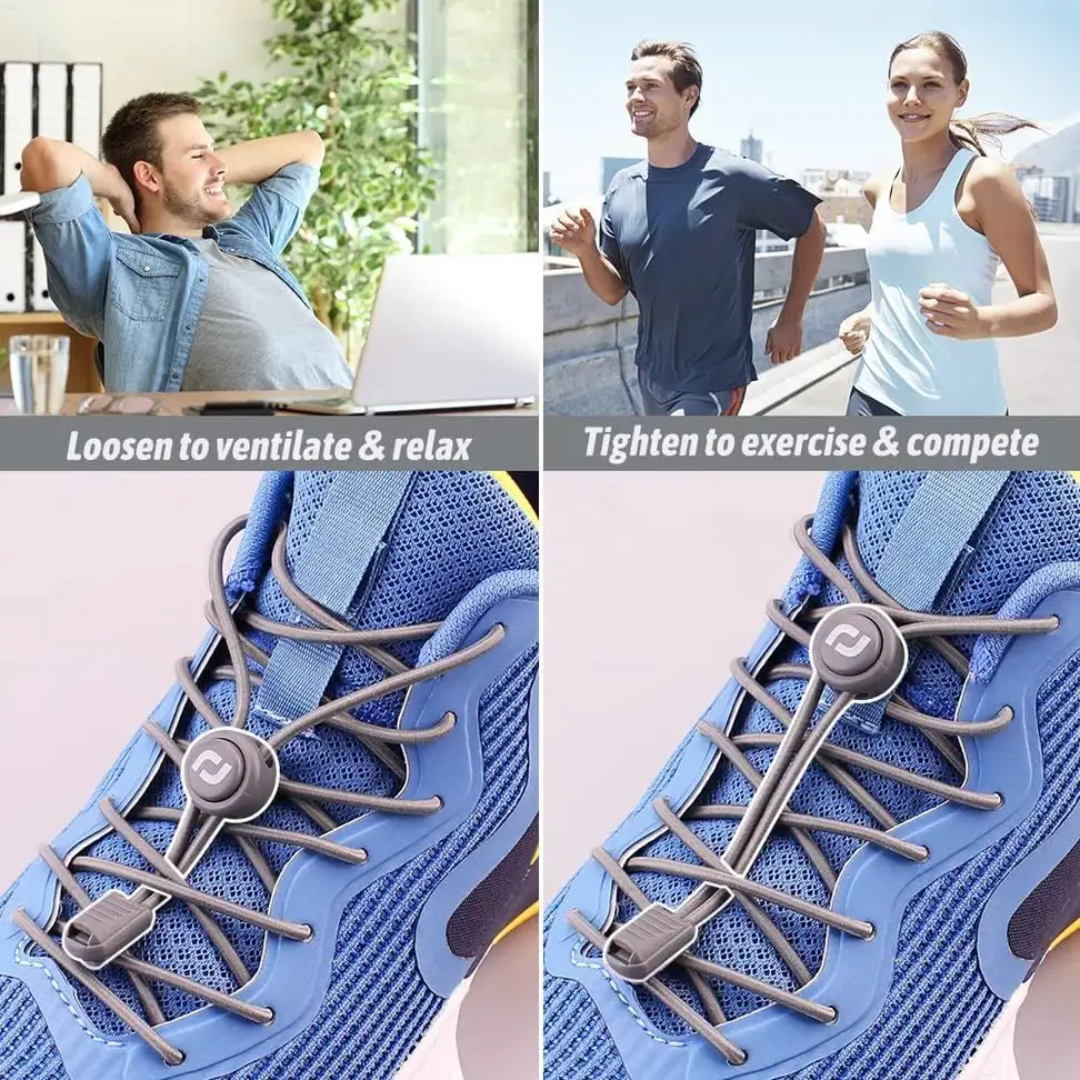 elastic no-tie shoelaces loosened for comfort and tightened for sport