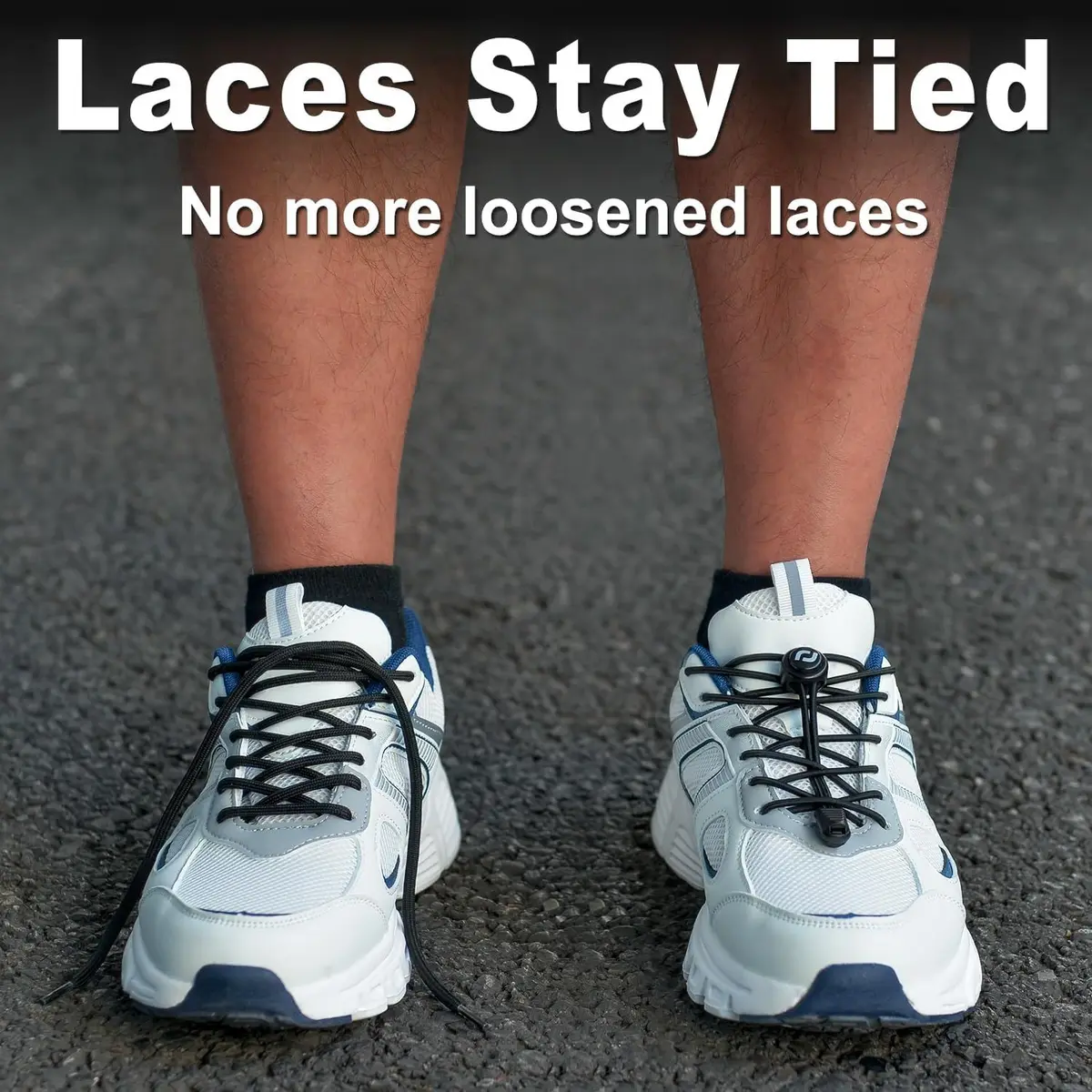 elastic no-tie shoelaces keeping white sneakers laced