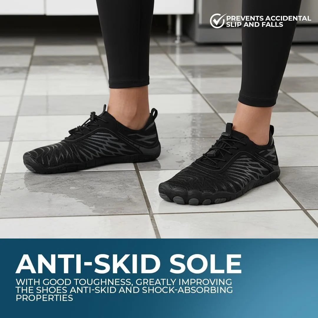 barefoot shoes with anti-slip rubber sole on a tiled floor