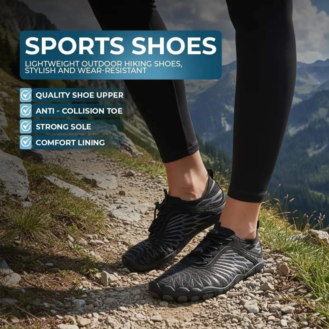 black barefoot shoes worn on a rocky hiking trail