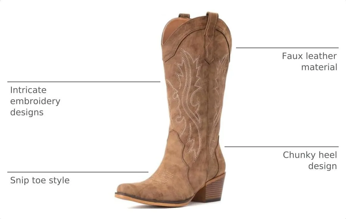 embroidered cowboy boots features: faux leather, embroidery, snip toe and chunky heel