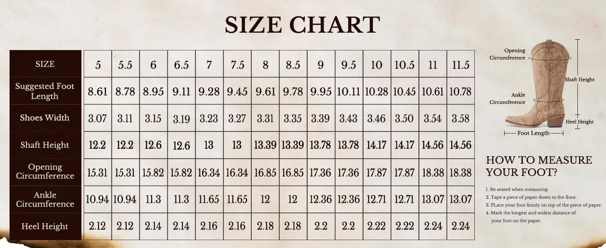 size chart for women's embroidered cowboy boots with shaft height and heel height