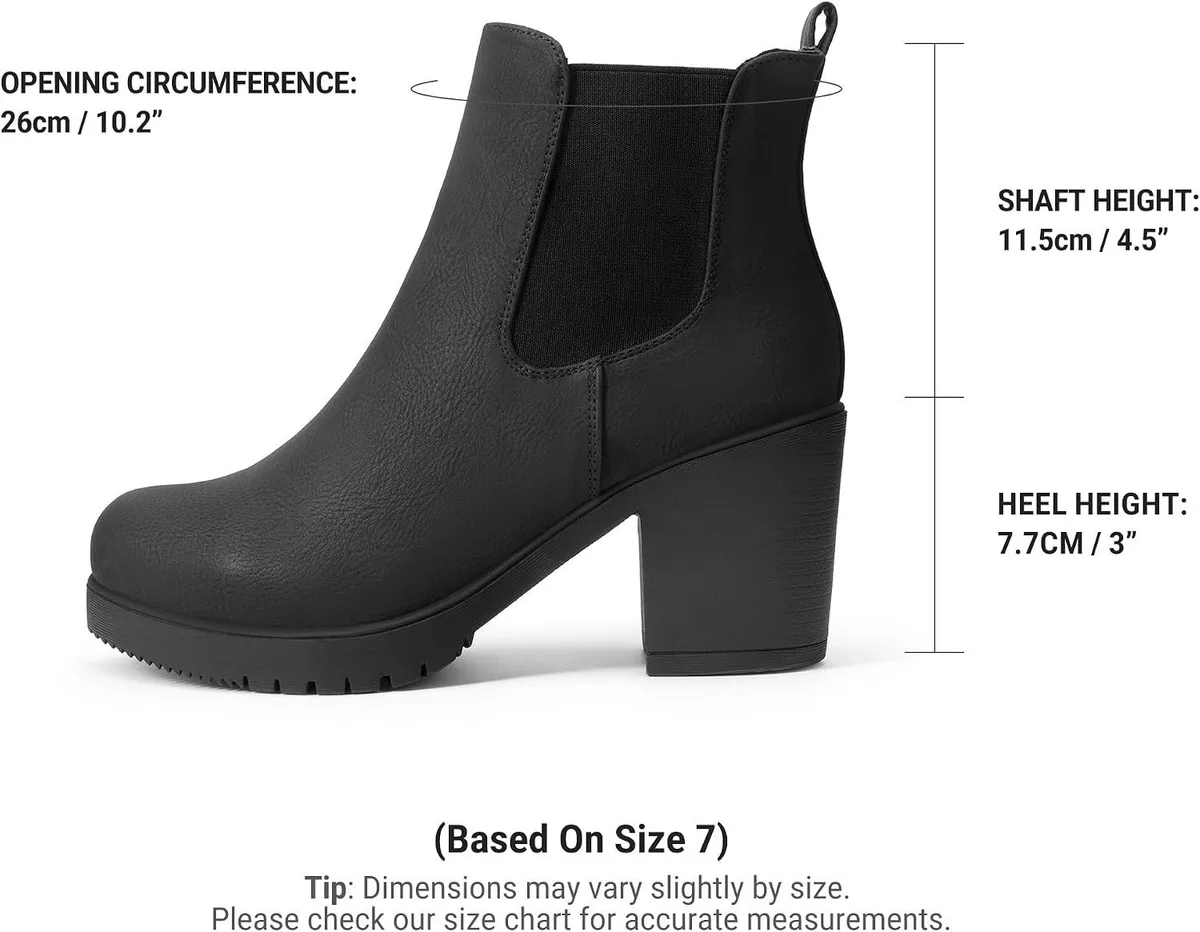 chelsea ankle boots measurements: 4.5 inch shaft, 3 inch heel, 10.2 inch opening