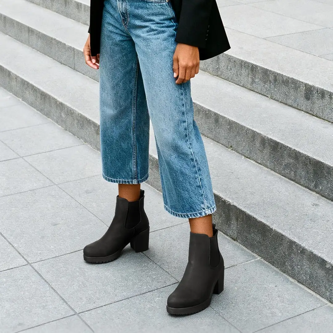 black chelsea ankle boots worn with cropped wide-leg jeans