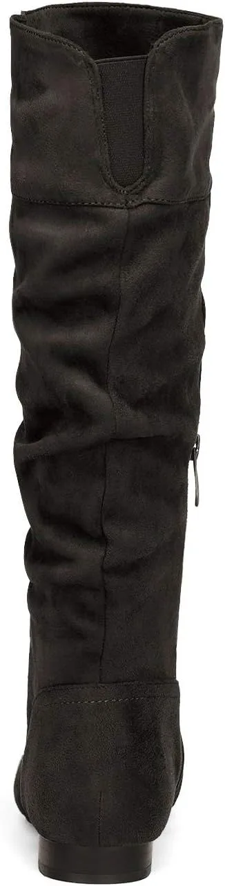 back view of the black slouchy knee high boot and low heel