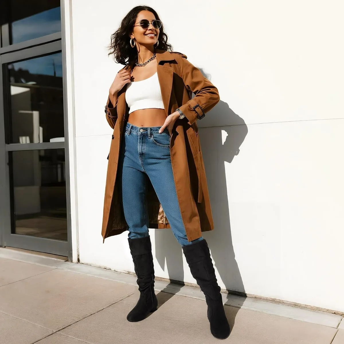 woman wearing black slouchy knee high boots with jeans and a camel coat