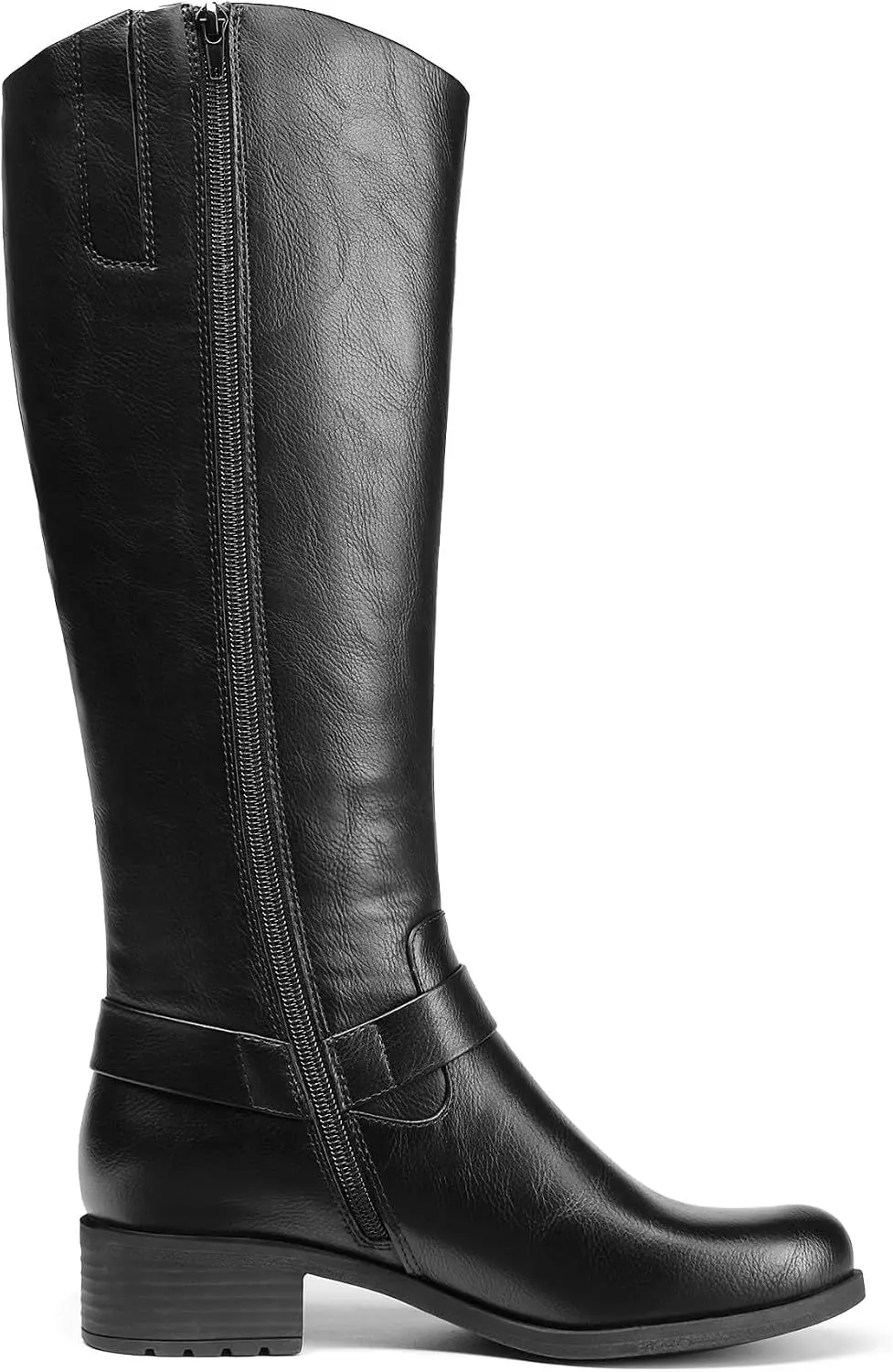 inner side of the black knee high boot showing the full zip