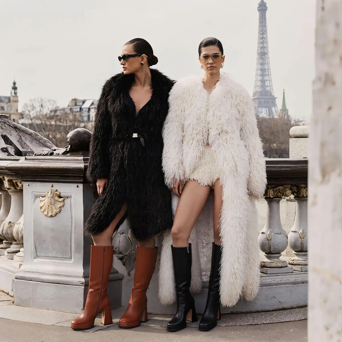 two women wearing brown and black platform knee high boots