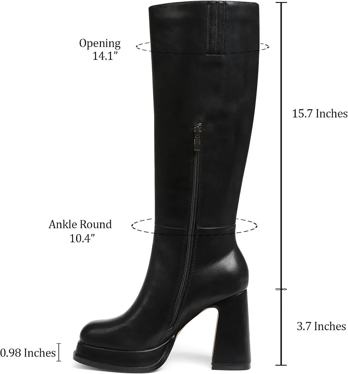 platform knee high boots measurements: shaft height, opening, ankle, heel and platform