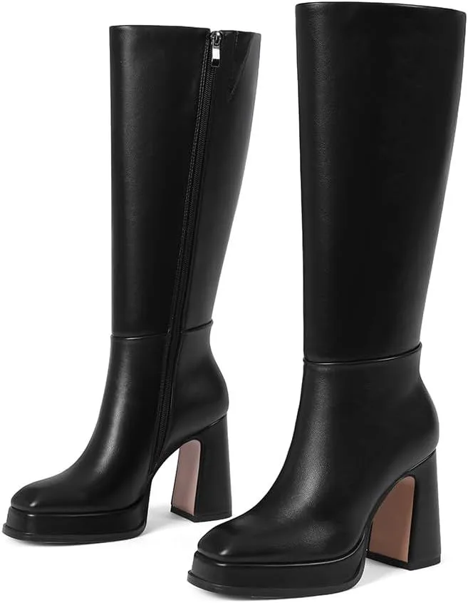 black platform knee high boots showing the side zip and block heel