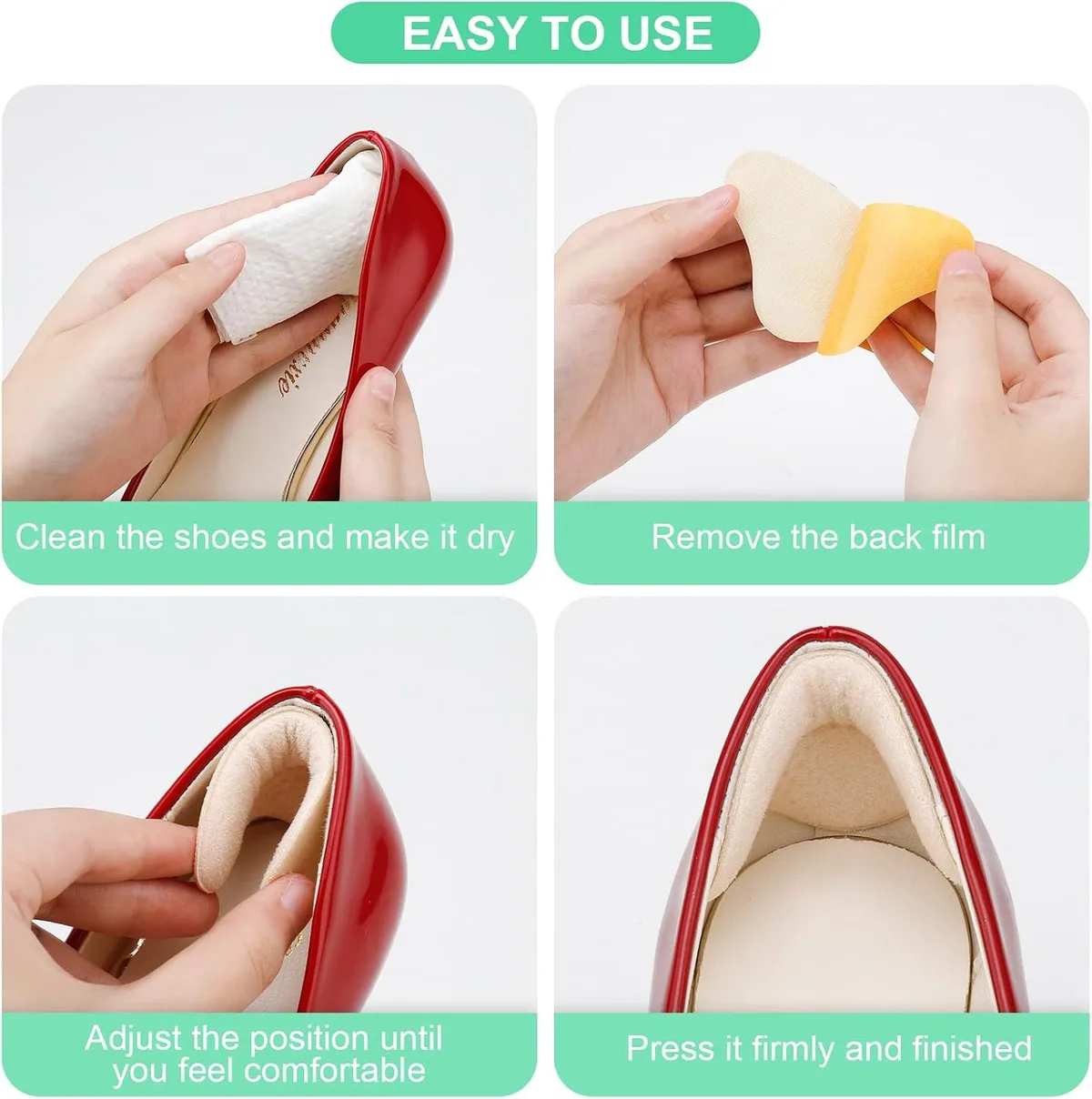 four steps to apply the heel cushion pads inside a red pump