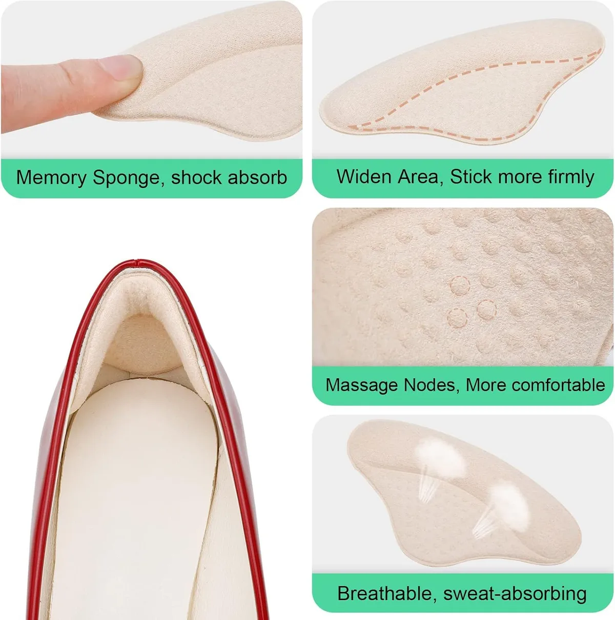 memory foam heel cushion pad features: wide area, massage nodes and breathable surface