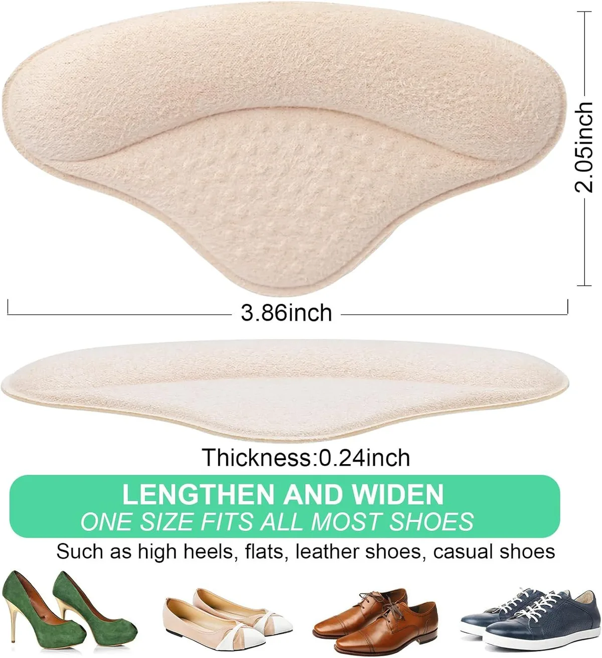 heel cushion pad measurements, 3.86 by 2.05 inches and 0.24 inch thick, with shoe types