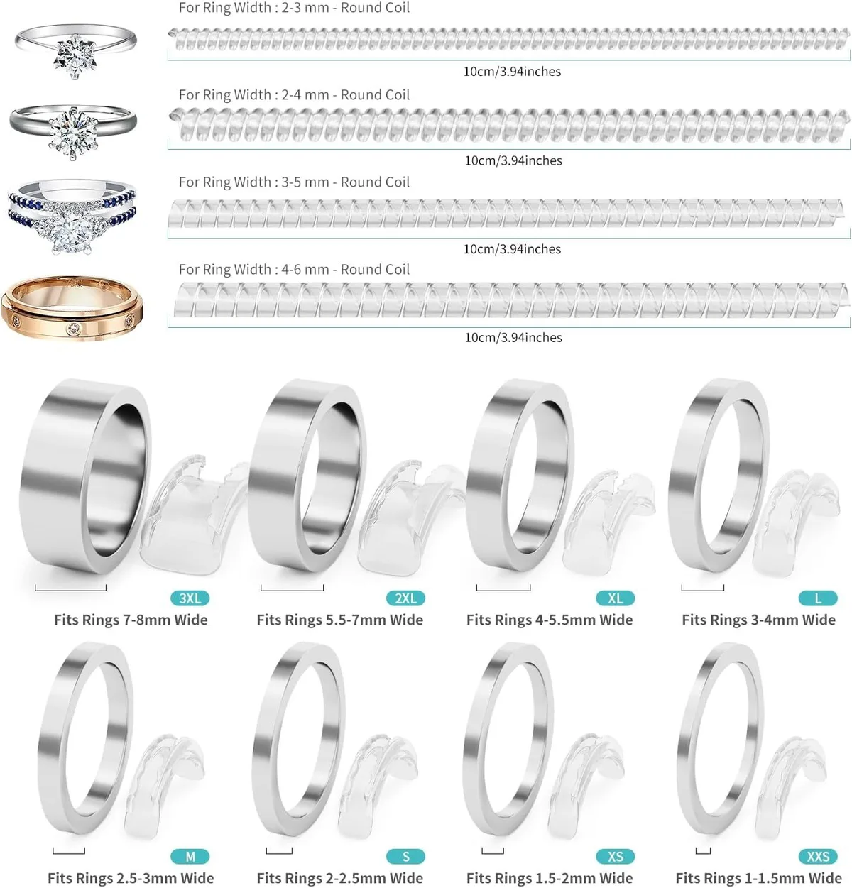 ring size adjuster chart matching insert sizes to band widths from 1 to 8 mm
