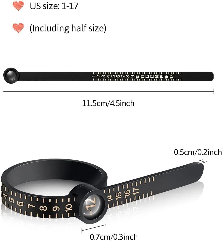 ring sizer tool dimensions, 4.5 inches long, US sizes 1 to 17 with half sizes