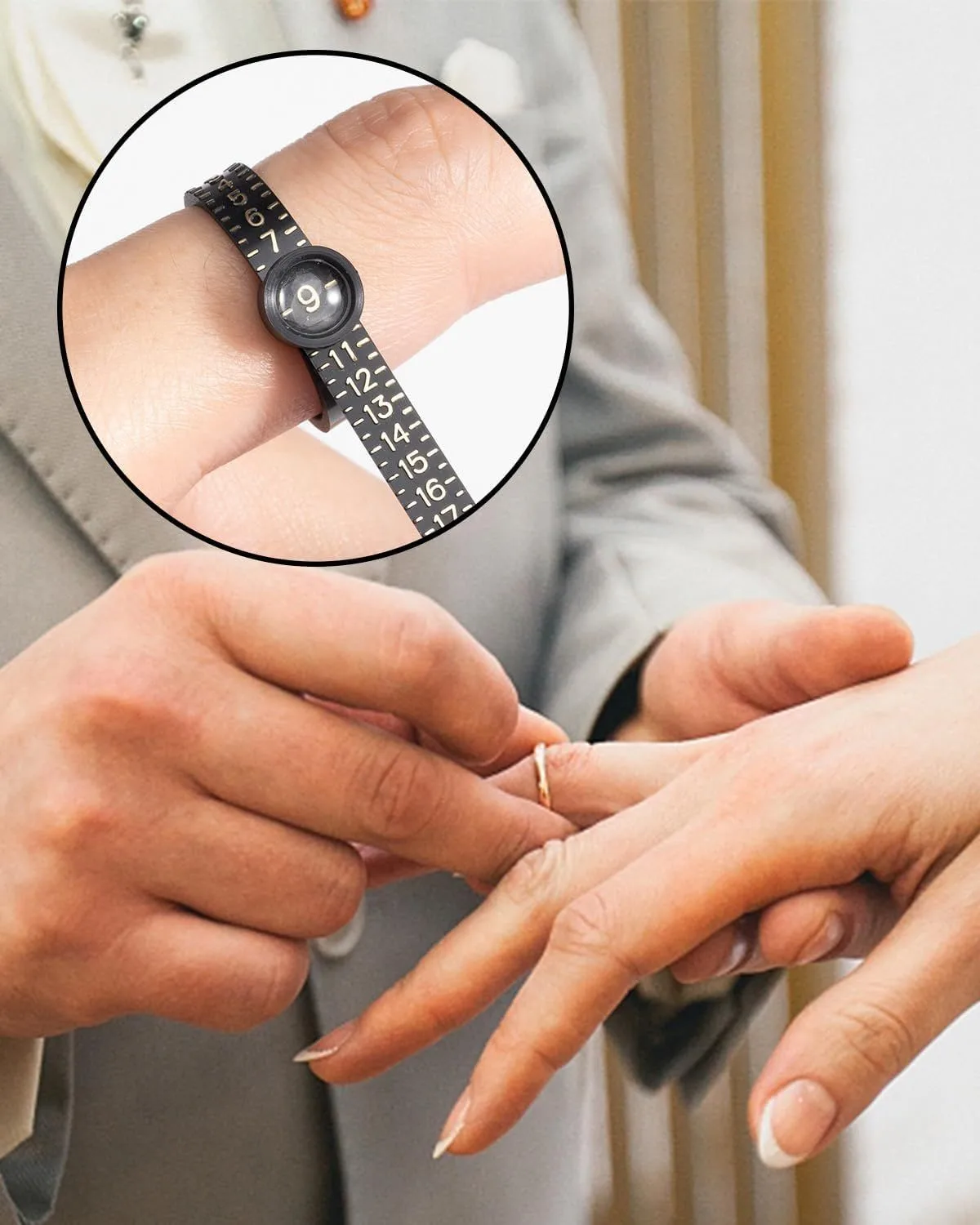 ring sizer tool with magnifier worn on the ring finger