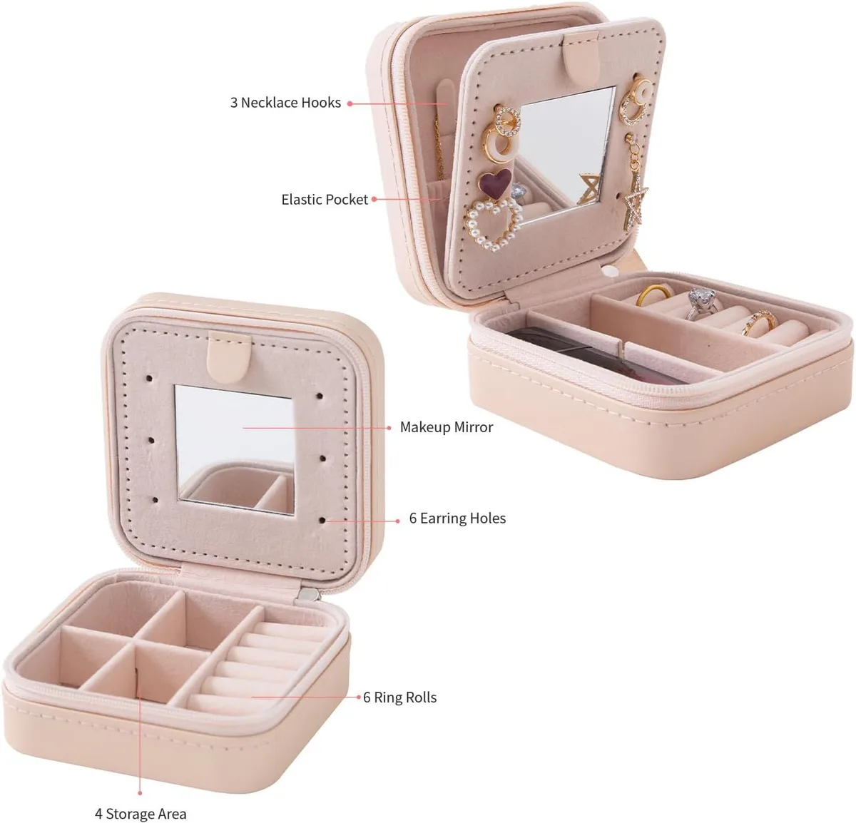 inside the mini travel jewelry box: mirror, necklace hooks, earring holes, ring rolls