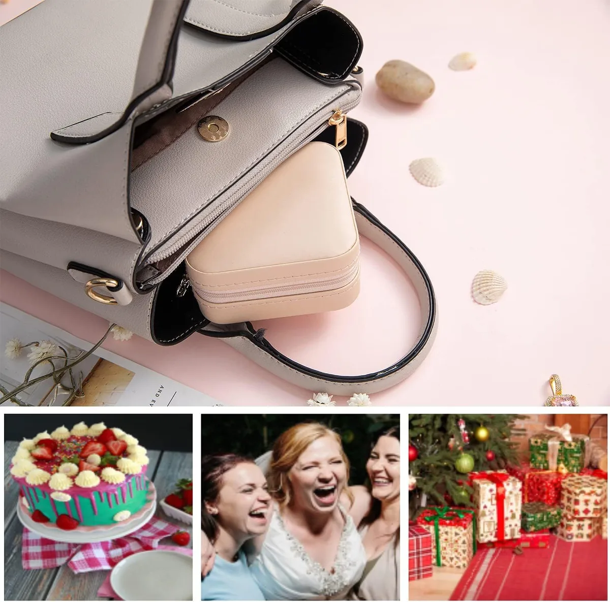 mini travel jewelry box tucked into a handbag