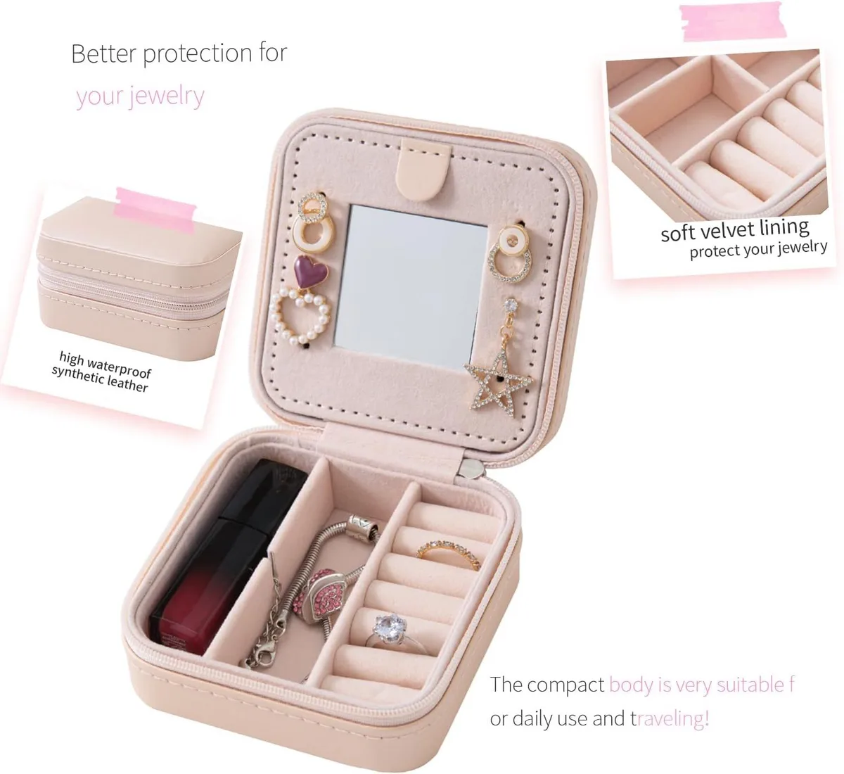 velvet lining and faux leather shell of the mini travel jewelry box