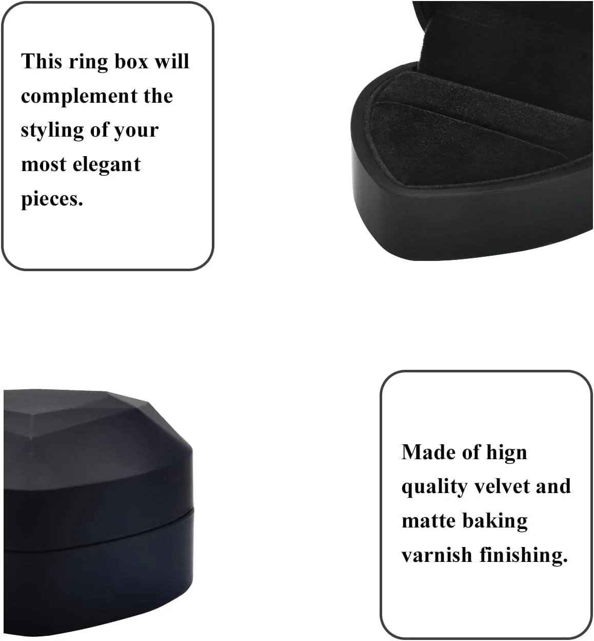 matte lacquer finish and velvet interior of the heart shaped ring box