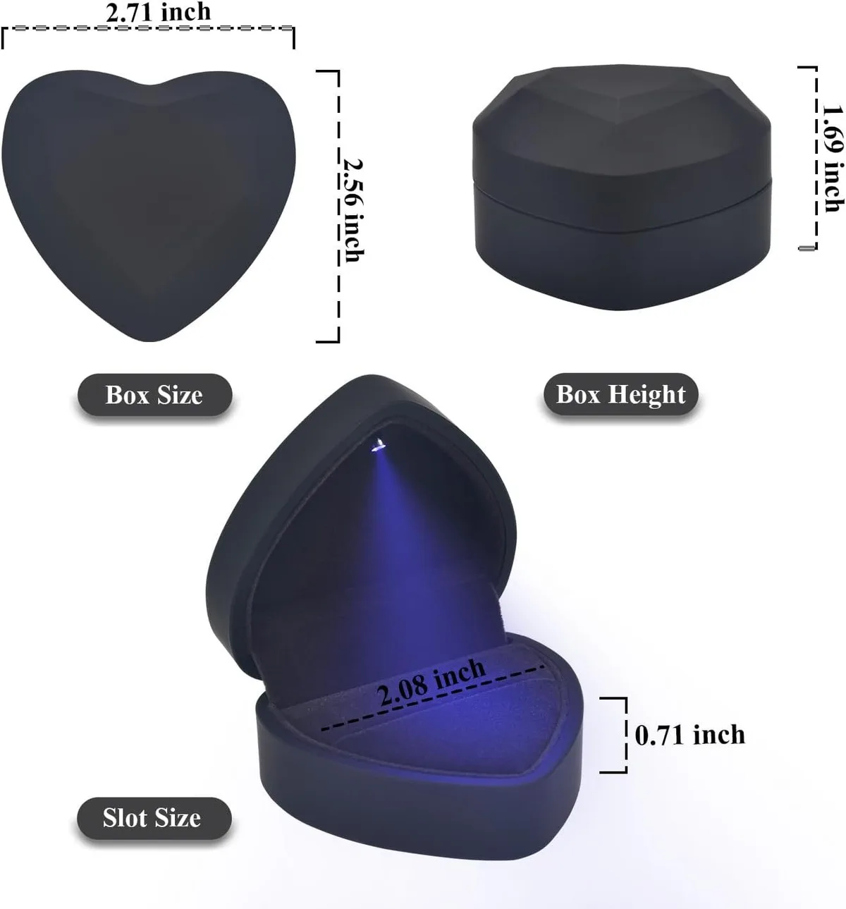 heart shaped LED ring box size, 2.71 x 2.56 x 1.69 inches