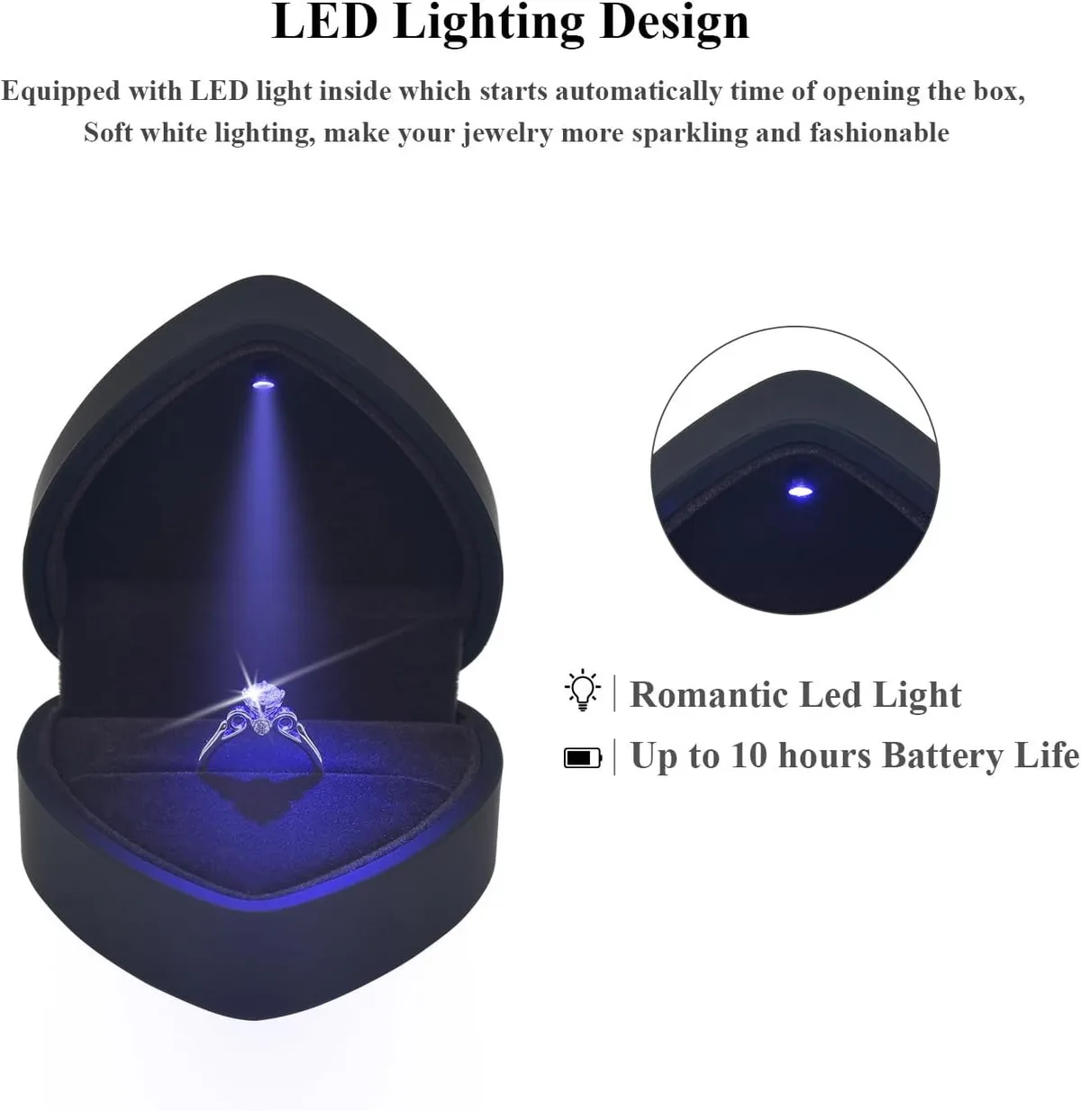 LED light inside the heart shaped ring box shining on a ring