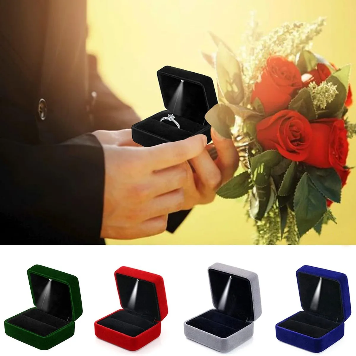 proposal with a velvet LED ring box and the available colors