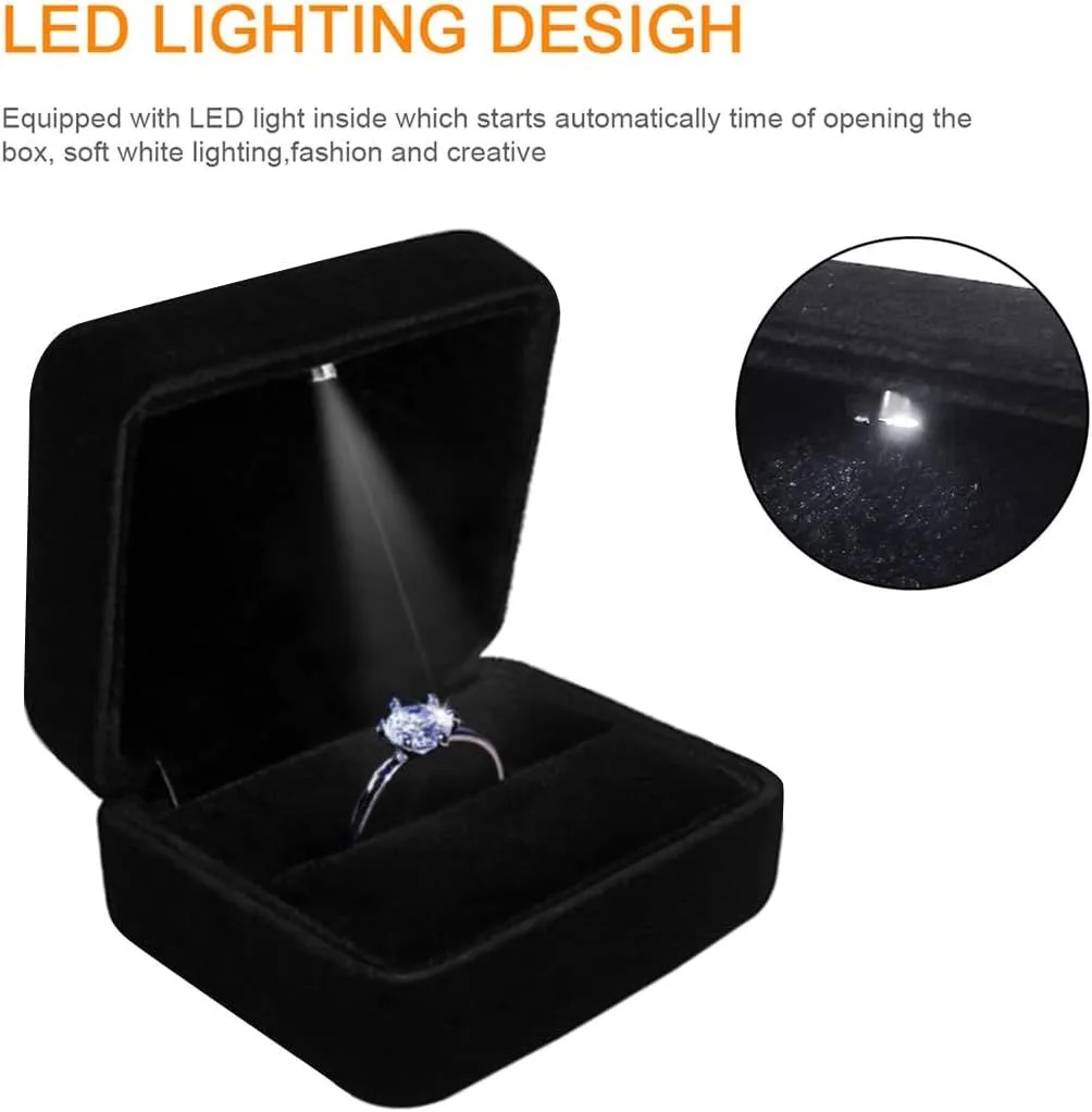 LED light detail inside the lid of the velvet ring box