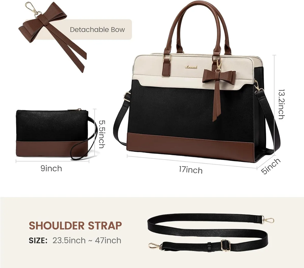 laptop tote bag dimensions with matching clutch, detachable bow and shoulder strap