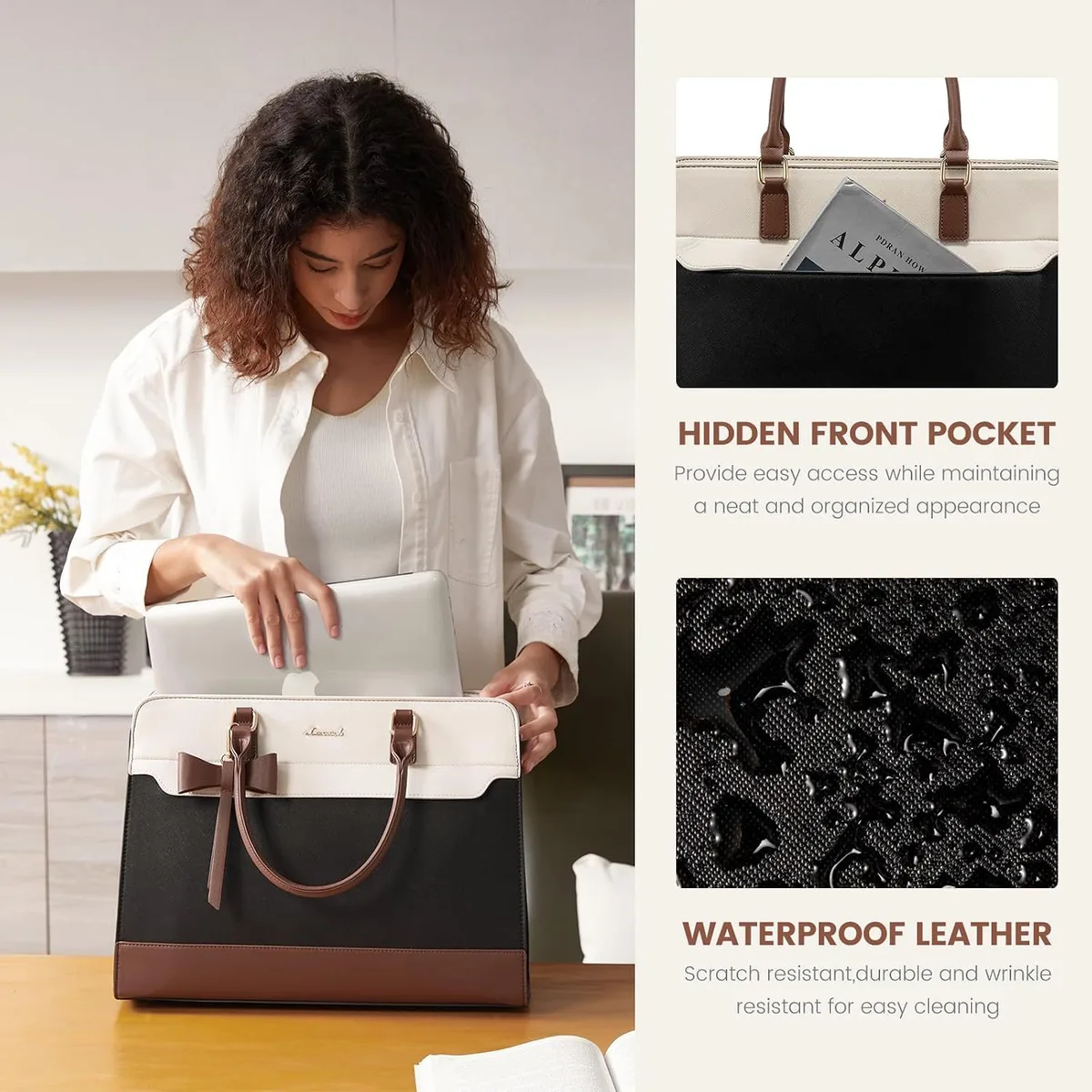 woman packing a laptop into the tote, hidden front pocket and water-resistant finish