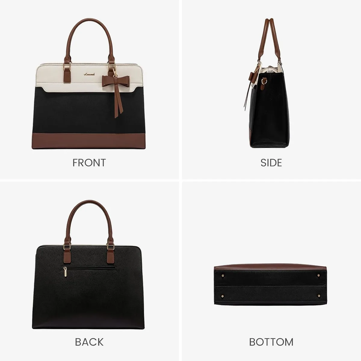 laptop tote bag shown from the front, side, back and bottom